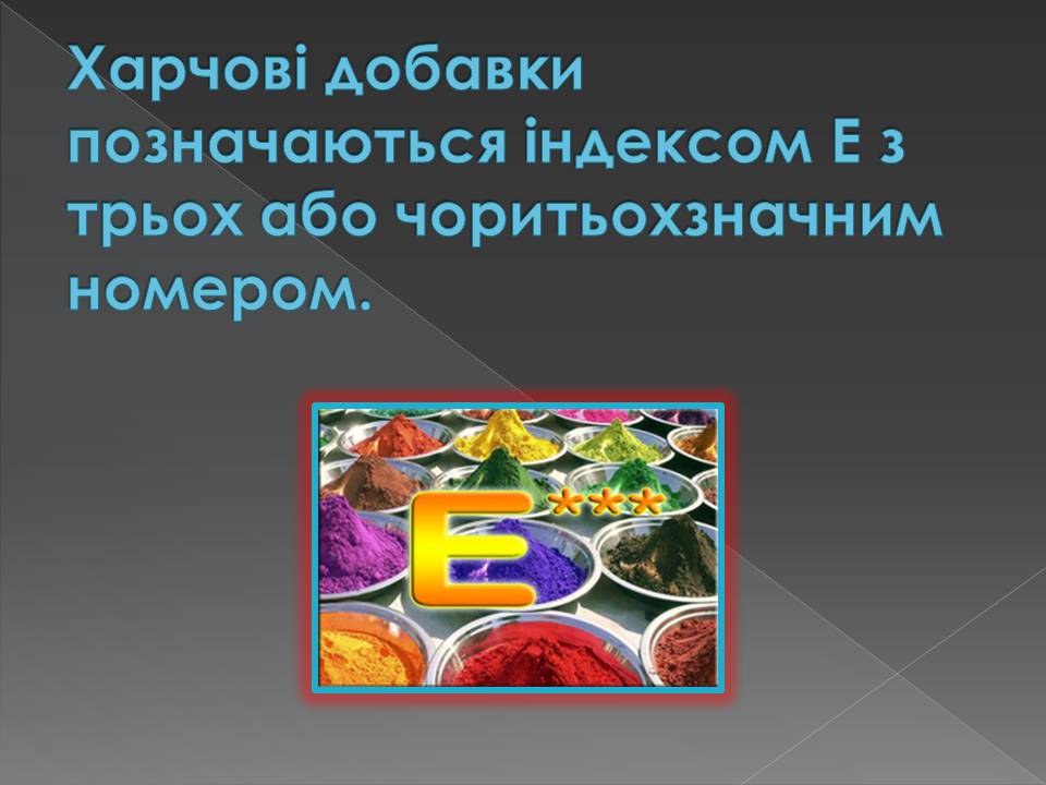 Презентація на тему «Харчові добавки» (варіант 23) - Слайд #7 Презентація на тему «Харчові добавки» (варіант 23) - Слайд #7
