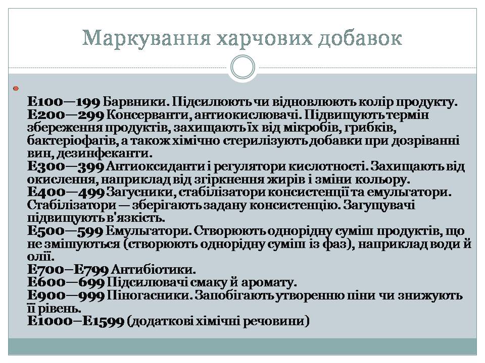 Презентація на тему «Харчові добавки» (варіант 22) - Слайд #5 Презентація на тему «Харчові добавки» (варіант 22) - Слайд #5