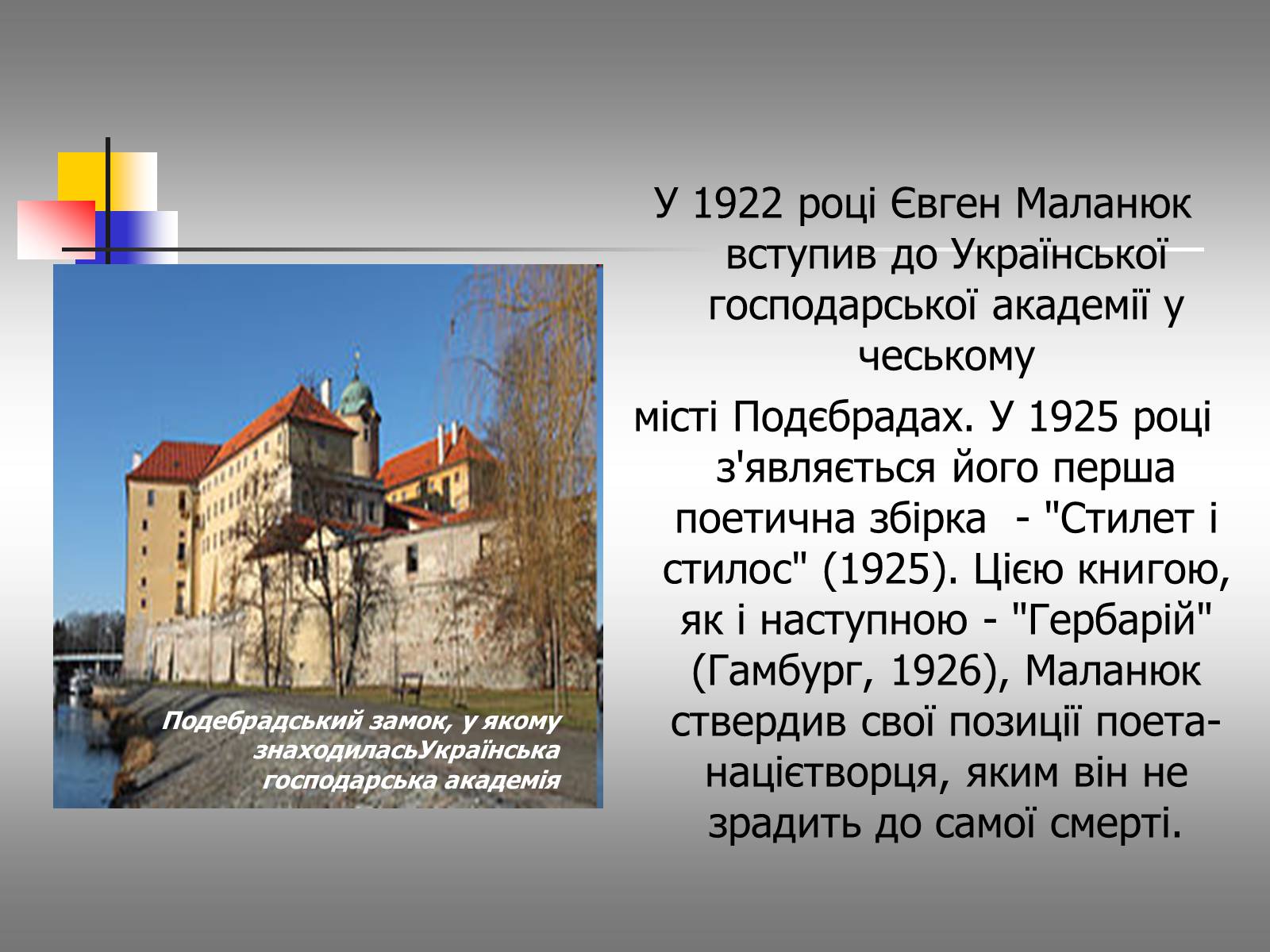 Презентація на тему «Євген Маланюк: шлях емігранта, творчість патріота» (варіант 1) - Слайд #9 Презентація на тему «Євген Маланюк: шлях емігранта, творчість патріота» (варіант 1) - Слайд #9