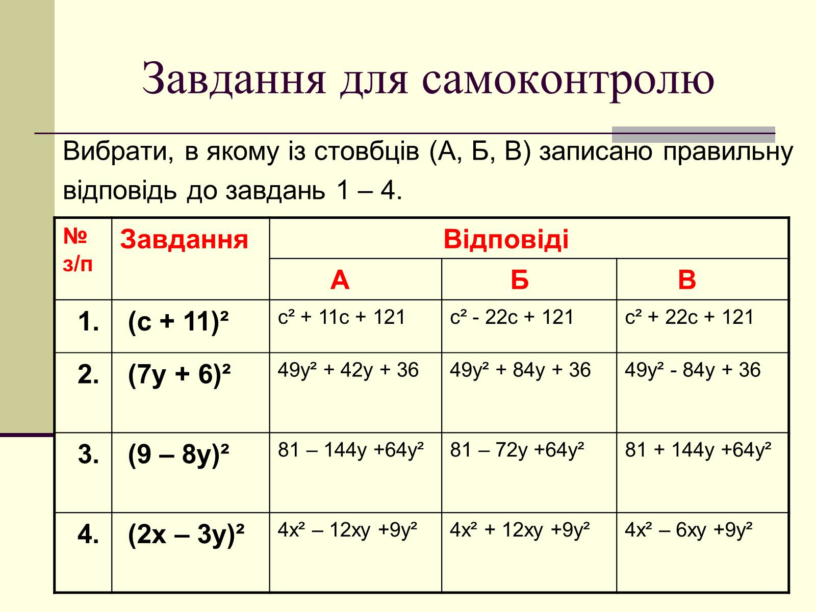 Презентація на тему «Формули скороченого множення» (варіант 4) - Слайд #10 Презентація на тему «Формули скороченого множення» (варіант 4) - Слайд #10