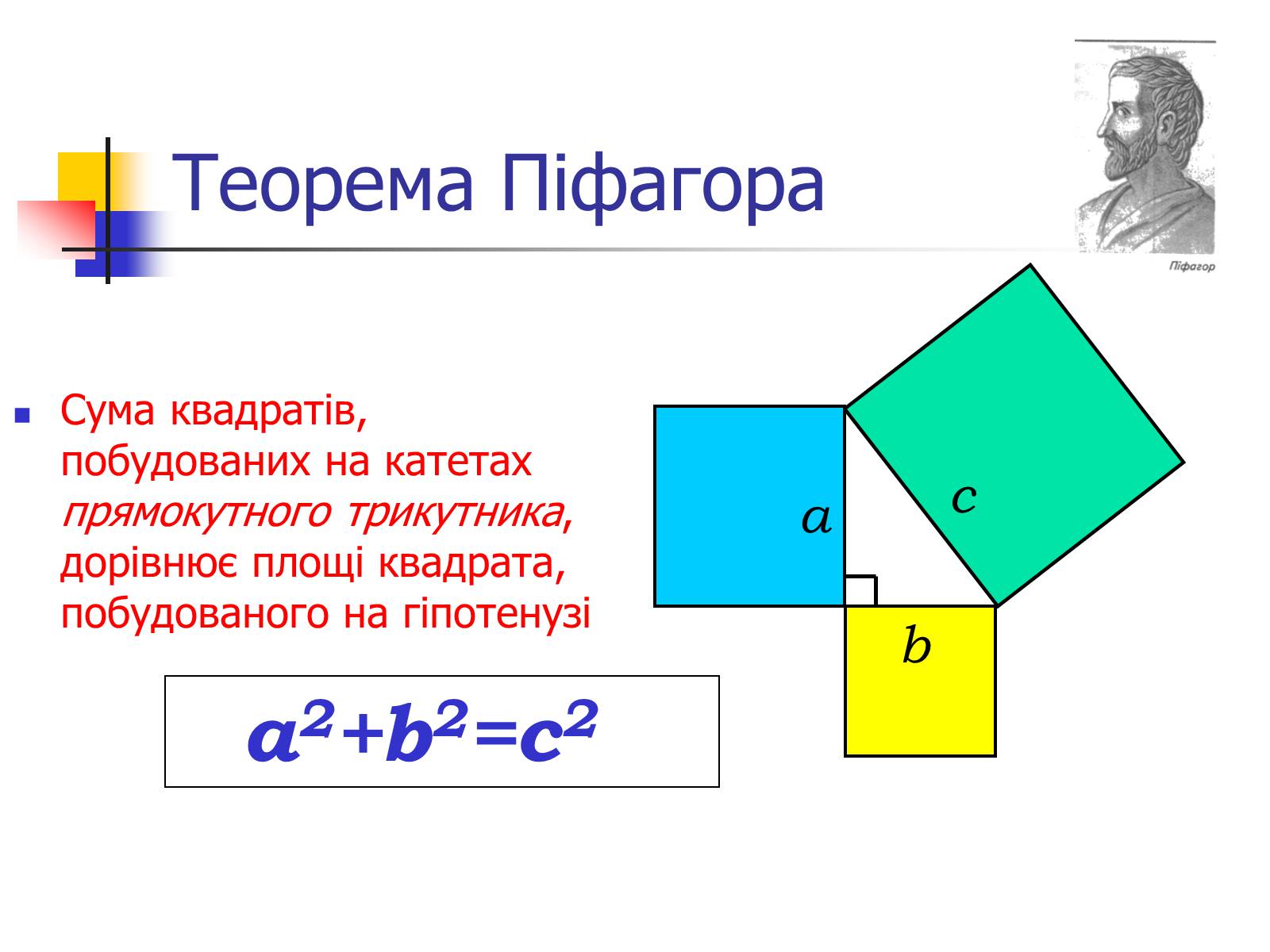 Презентація на тему «Теорема Піфагора» (варіант 1) - Слайд #4 Презентація на тему «Теорема Піфагора» (варіант 1) - Слайд #4