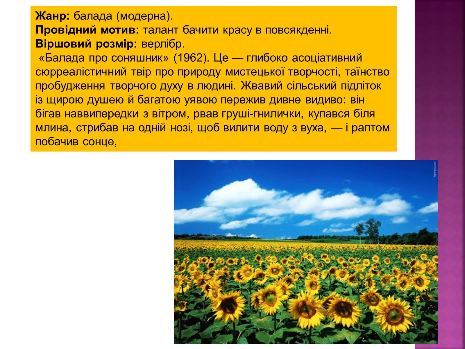 Презентація на тему «Балада про соняшник» (варіант 2) - Слайд #4 Презентація на тему «Балада про соняшник» (варіант 2) - Слайд #4