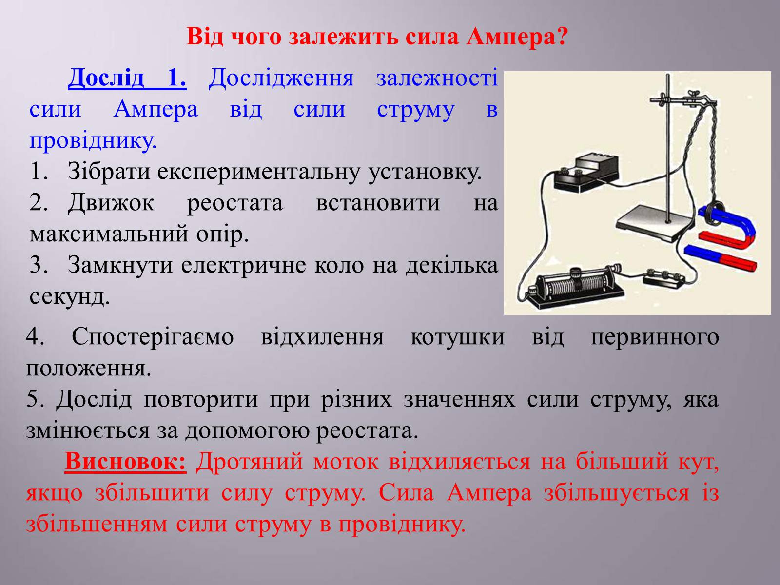 Презентація на тему «Дія магнітного поля на провідник зі струмом. Сила Ампера» - Слайд #5 Презентація на тему «Дія магнітного поля на провідник зі струмом. Сила Ампера» - Слайд #5