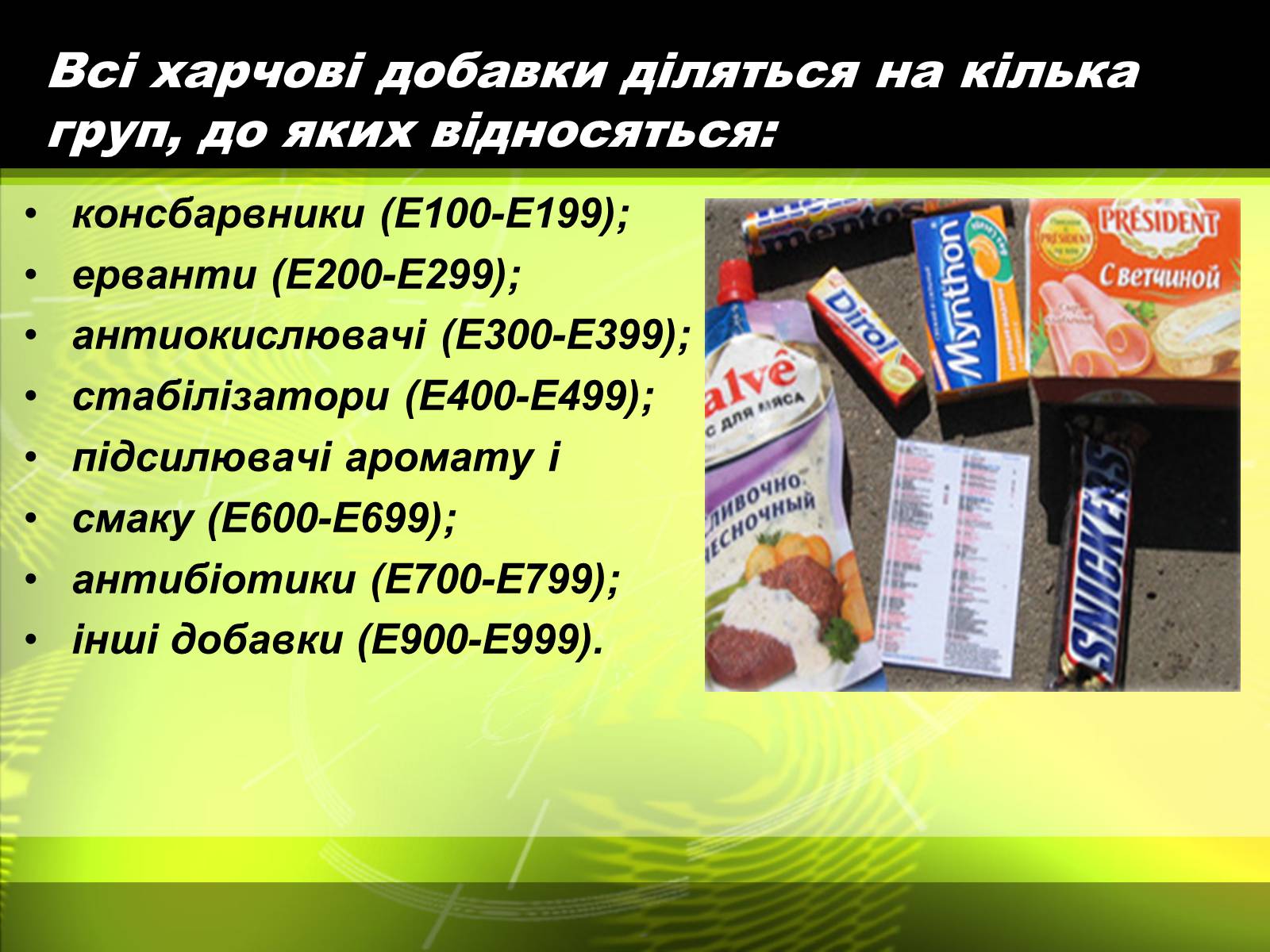 Презентація на тему «Харчові добавки» (варіант 5) - Слайд #3 Презентація на тему «Харчові добавки» (варіант 5) - Слайд #3