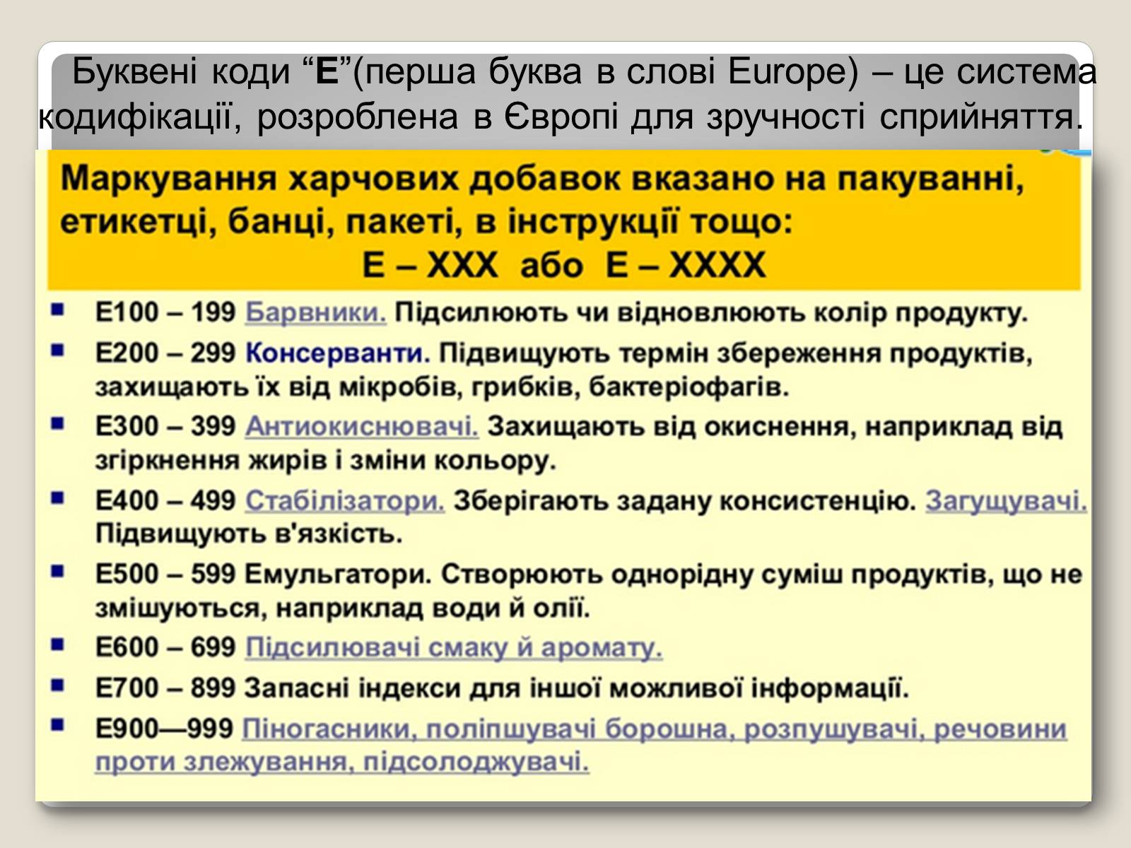 Презентація на тему «Ознайомлення зі змістом етикеток. Харчові добавки» - Слайд #5 Презентація на тему «Ознайомлення зі змістом етикеток. Харчові добавки» - Слайд #5