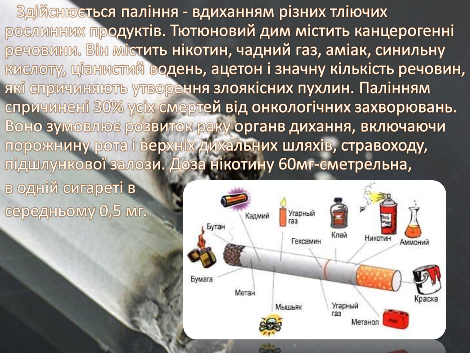 Презентація на тему «Шкідливий вплив тютюнопаління» (варіант 2) - Слайд #3 Презентація на тему «Шкідливий вплив тютюнопаління» (варіант 2) - Слайд #3