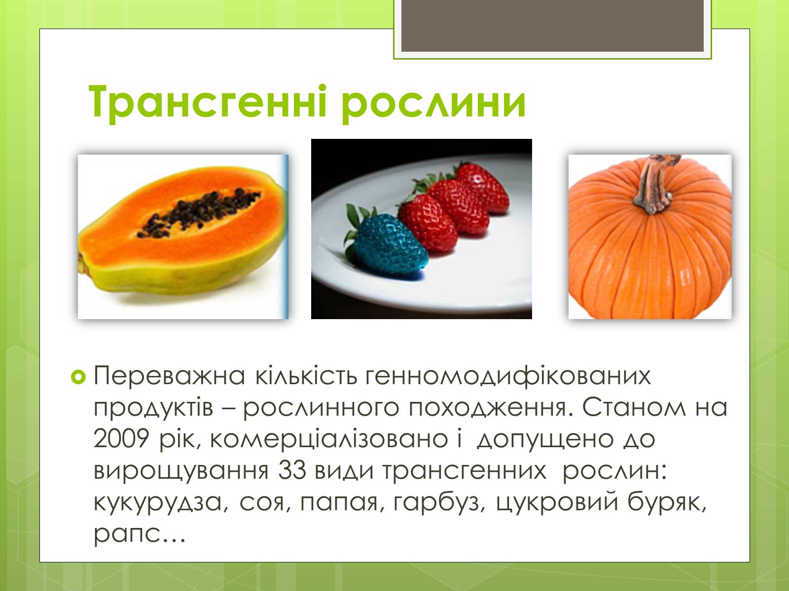Презентація на тему «Трансгенні організми» (варіант 2) - Слайд #10 Презентація на тему «Трансгенні організми» (варіант 2) - Слайд #10