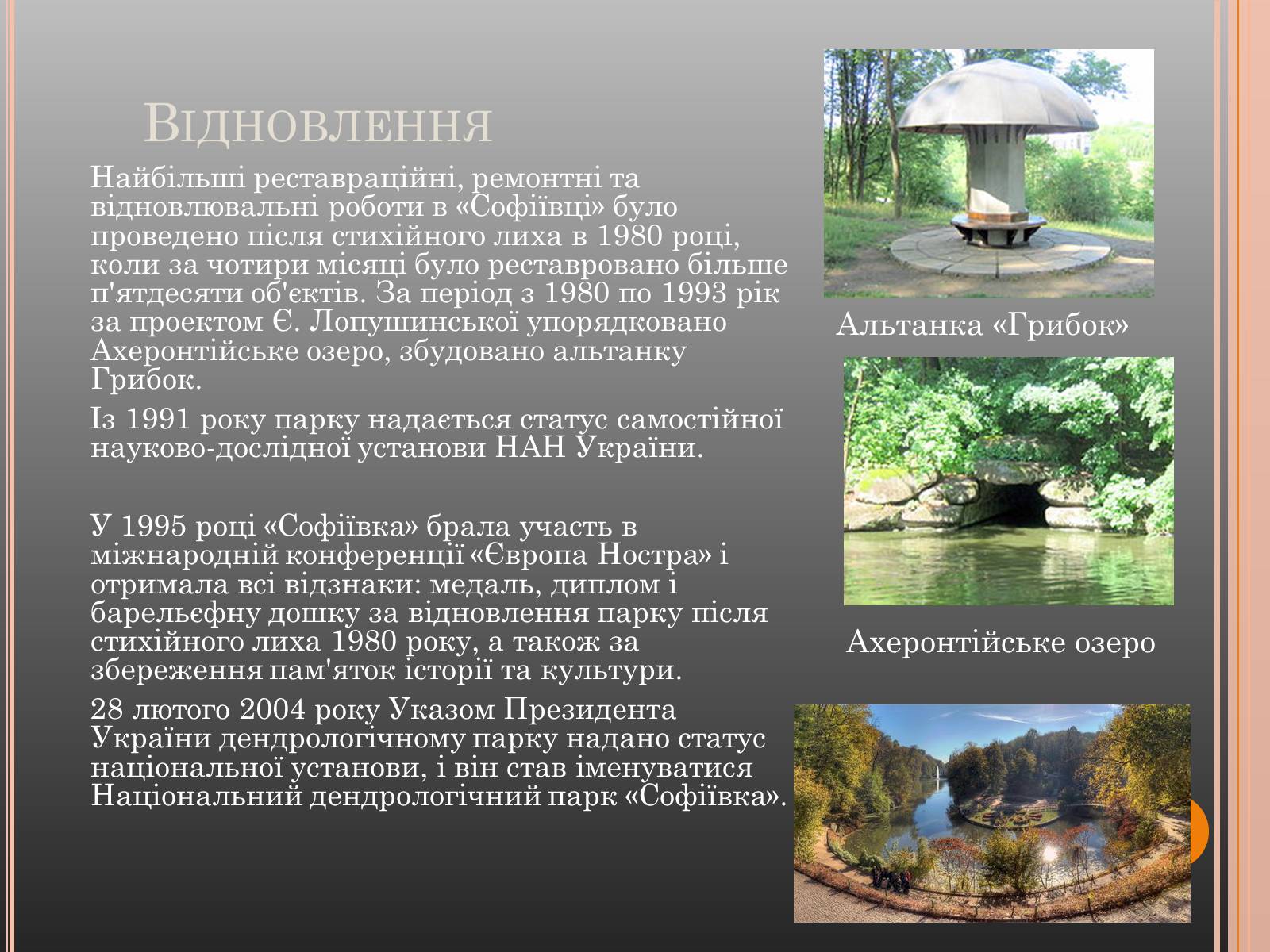 Презентація на тему «Національний дендрологічний парк «Софіївка»» (варіант 1) - Слайд #8 Презентація на тему «Національний дендрологічний парк «Софіївка»» (варіант 1) - Слайд #8